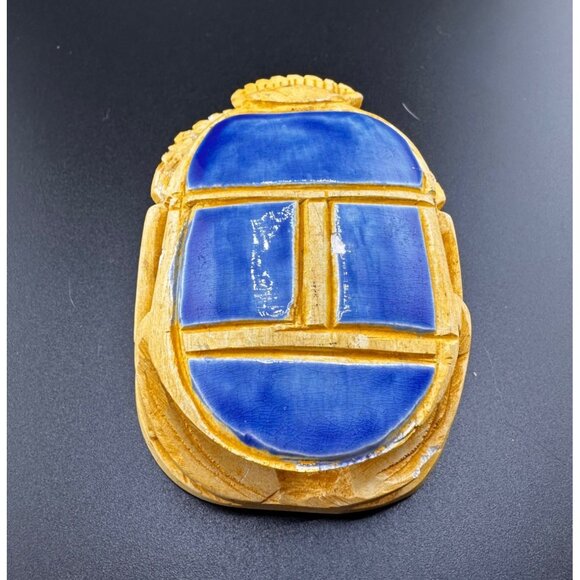 Egyptian Blue Sand Scarab Beetle Statue Heiroglyphics on bottom REPAIRED READ - Picture 5 of 16